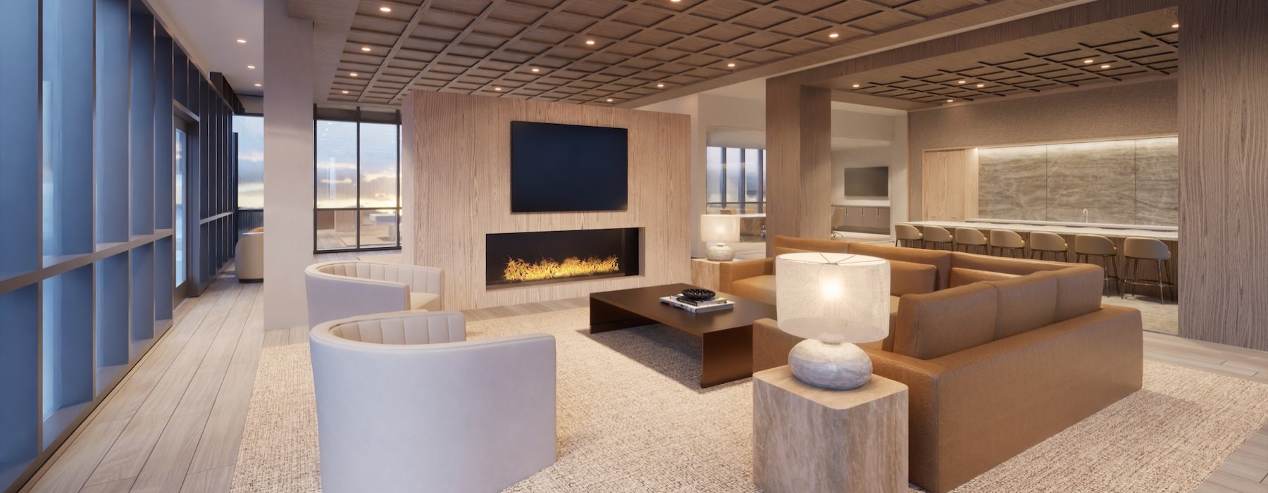 a lounge room with a fireplace and couches