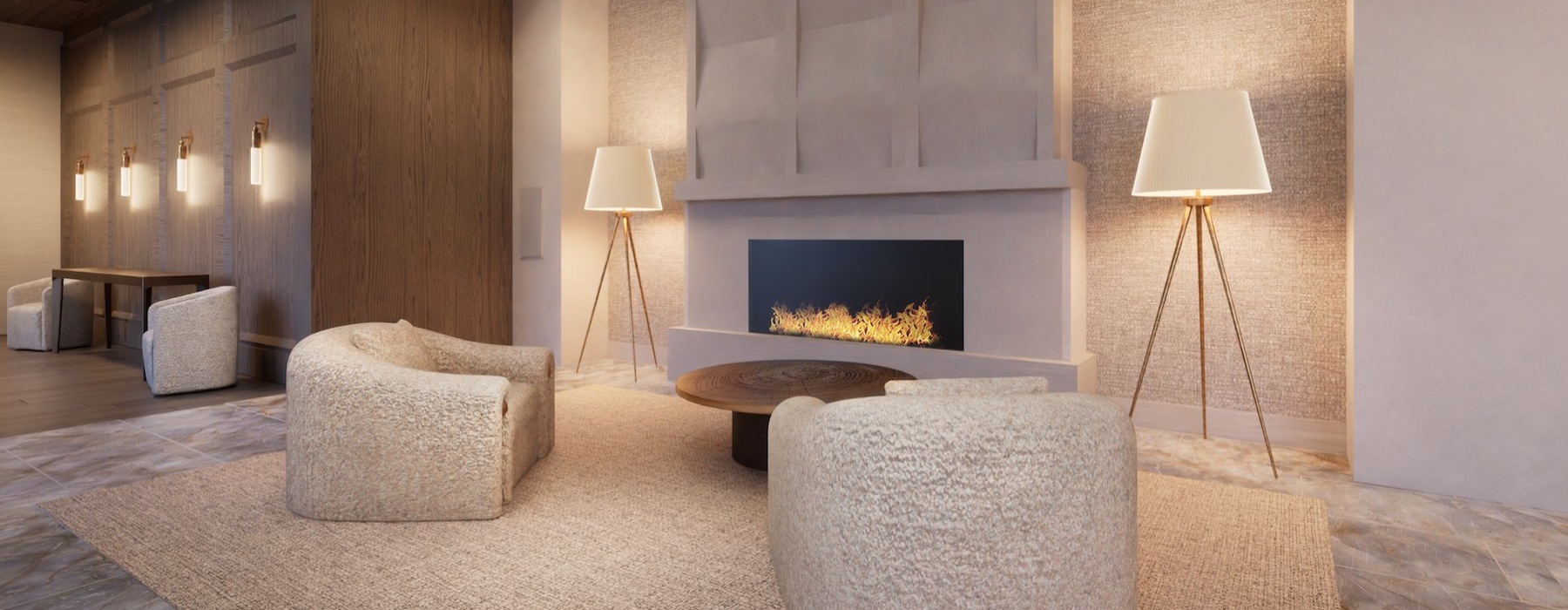 a lounge room with a fireplace and chairs