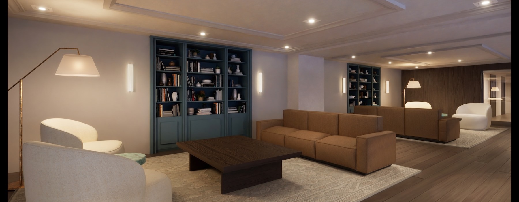 a lounge room with a couch and a table and bookcase