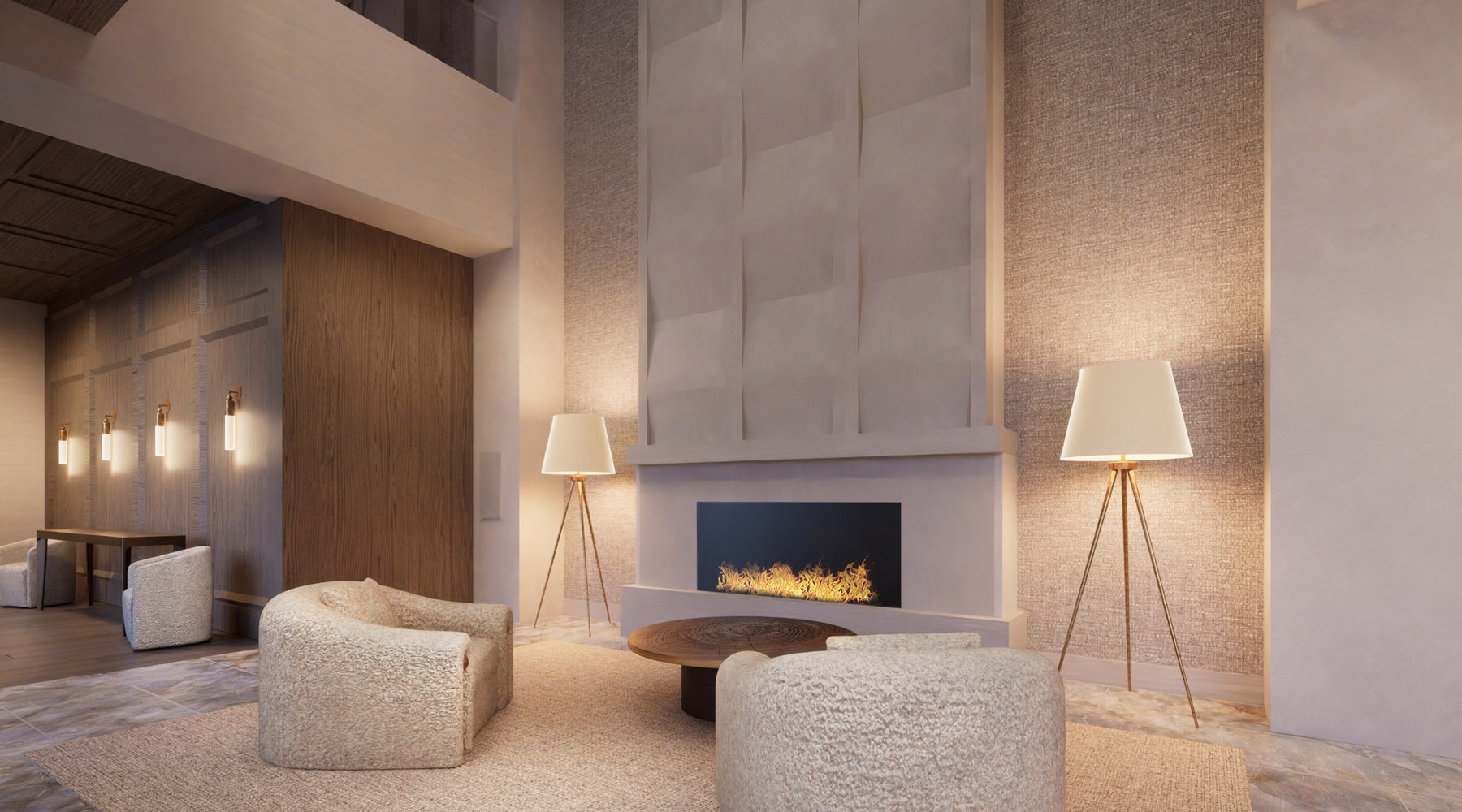 a spacious room with a large fireplace