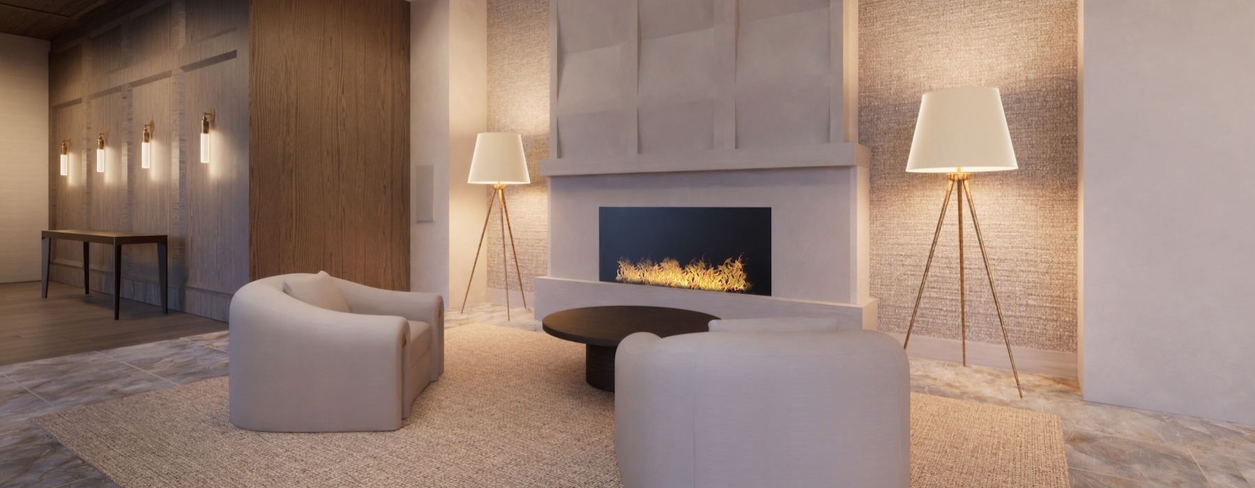 a lounge room with a fireplace and chairs