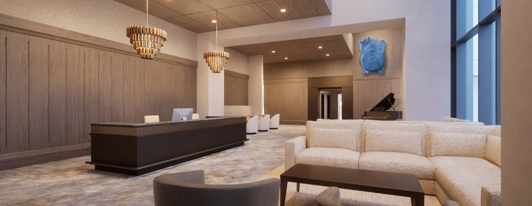 a spacious clubroom with floor-to-ceiling windows